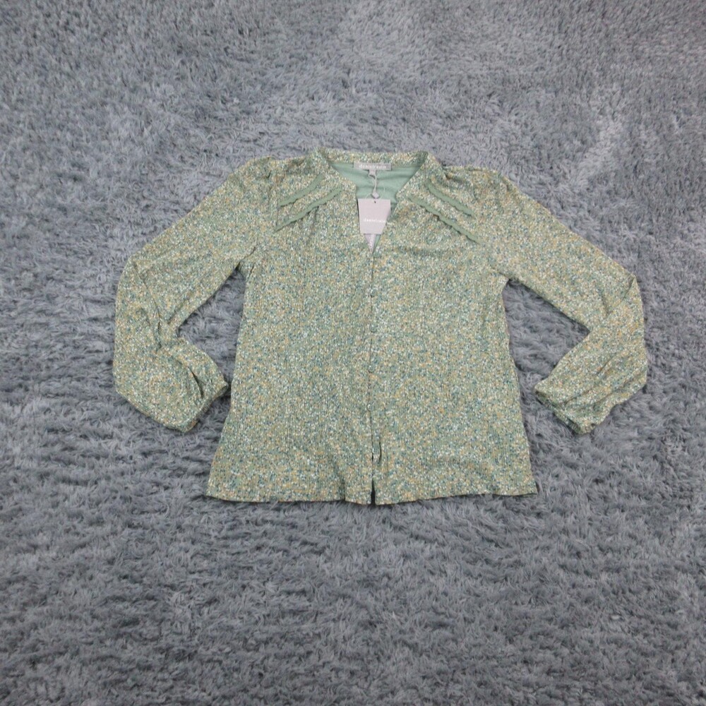 Daniel Rainn Blouse Womens Medium Green Floral Button Long Sleeve Pleated NWT